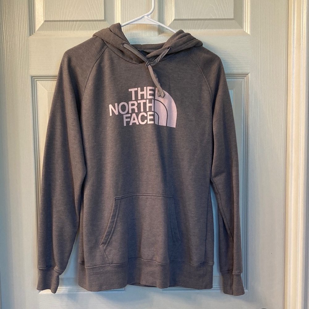 The North Face Charcoal Hoodie with Light Pink Logo